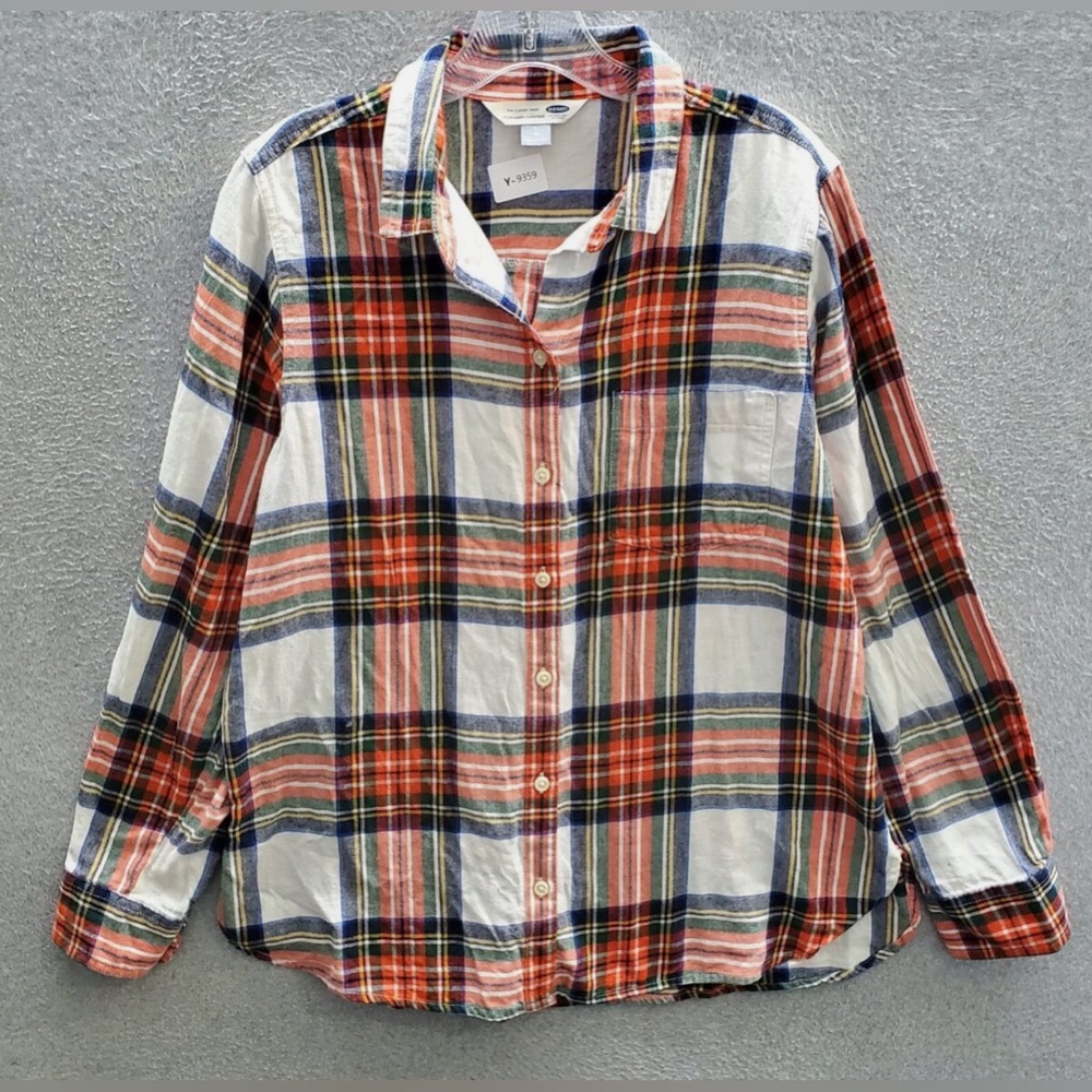 Old Navy Women Top Medium Orange Plaid Flannel Long Sleeve Button Up Collar- Med
